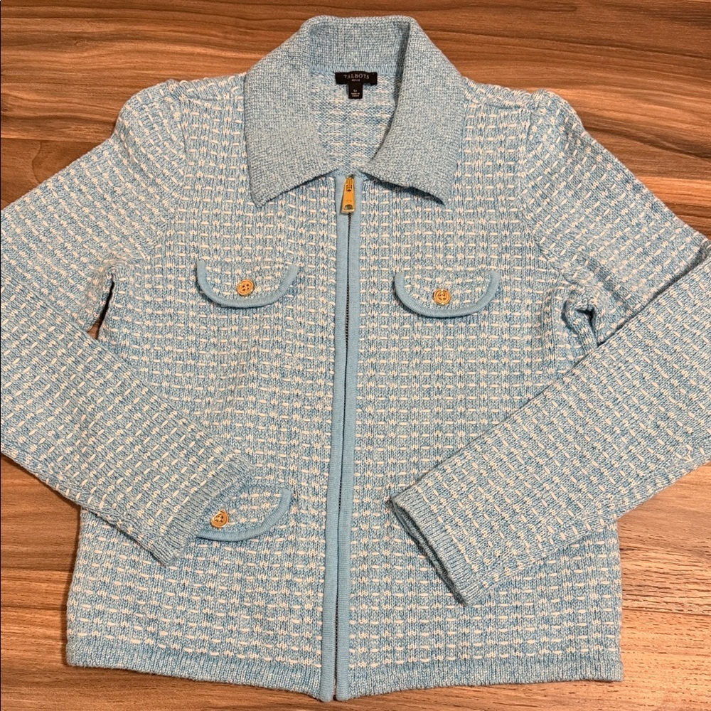 Talbots Collared Textured Knit Zip Cardigan Women’s Sz. SP Blue Tweed Old Money